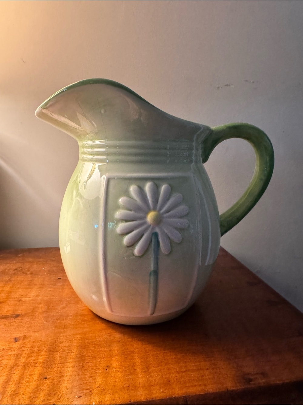 Vintage Retro Ceramic Green Pitcher With Daisy Motif